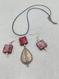 Antique Copper Teardrop Murano Glass Women Necklace Jewelry Set Earrings Amber Red
