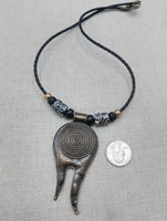 Tribal Necklace Swirl Antique Bronze Black Leather Women's Jewelry Cord Ethnic Large Pendant