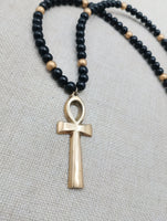 Gold Tone Ankh Pendant Black Beaded Necklace Unisex Jewelry Egyptian Ethnic