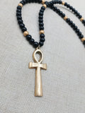 Gold Tone Ankh Pendant Black Beaded Necklace Unisex Jewelry Egyptian Ethnic
