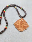 Men Necklace King Pharaoh Wooden Pendant Jewelry Beaded Brown Red Yellow Green