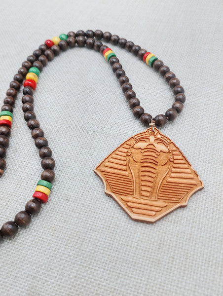 Men Necklace King Pharaoh Wooden Pendant Jewelry Beaded Brown Red Yellow Green