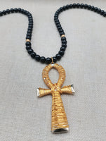 Gold Tone Ankh Necklace Men Jewelry Wire Wrapped Beaded Black Large Gift Idea