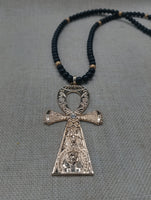 Gold Ankh Men Necklace Large Pendant Beaded Jewelry  Black