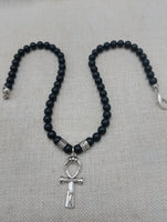 Silver Ankh Pendant Necklace Black Beaded Egyptian Ethnic Jewelry Unisex