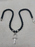 Silver Ankh Pendant Necklace Black Beaded Egyptian Ethnic Jewelry Unisex