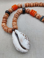 Large Cowrie Shell Necklace Men Jewelry Beaded Orange Wood Brown Gift Handmade