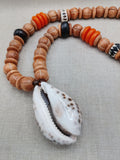 Large Cowrie Shell Necklace Men Jewelry Beaded Orange Wood Brown Gift Handmade