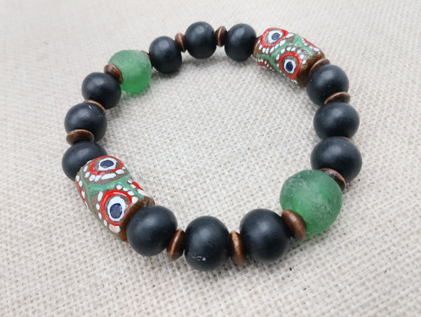 Men Bracelets Black Green Red Beaded Jewelry Ethnic Fashion Statement Size 8