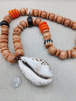 Large Cowrie Shell Necklace Men Jewelry Beaded Orange Wood Brown Gift Handmade