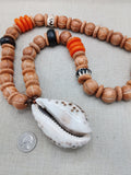 Large Cowrie Shell Necklace Men Jewelry Beaded Orange Wood Brown Gift Handmade