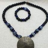 Round Antique Brass Pendant Black Blue Beads Jewelry Set Women Statement