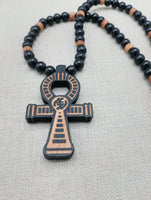 Wooden Ankh Necklace Beaded Black Brown Jewelry Gye Nyame African Egyptian