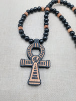 Wooden Ankh Necklace Beaded Black Brown Jewelry Gye Nyame African Egyptian