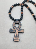 Wooden Ankh Necklace Beaded Black Brown Jewelry Gye Nyame African Egyptian