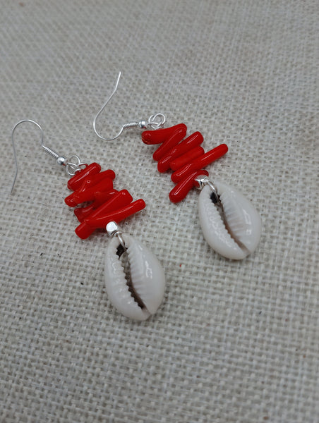Cowrie Earrings Red Coral Ethnic Beaded Jewelry Handmade Women