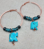 Elephant Earrings Copper Hoop Jewelry Turquoise Beaded Boho Women