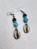 Boho Earrings Antique Bronze Cowrie Turquoise Brown Women Jewelry