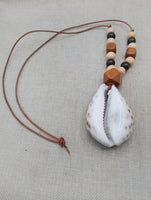 Large Cowrie Shell Necklace Leather Cord Wood Beads Jewelry Men Gift