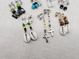 Women Non Pierced Earring Clip On Set of 7 Beaded Silver Jewelry Elephant Ankh Cowrie Gift Ideas for Her