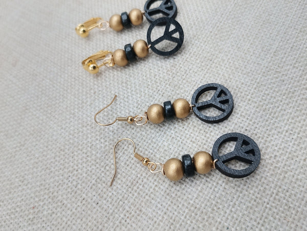 Peace Earrings Wooden Black Gold Small Women Jewelry