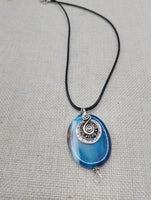 Blue Agate Stone Necklace Women Silver Pendant Black Cord Jewelry