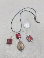 Antique Copper Teardrop Murano Glass Women Necklace Jewelry Set Earrings Amber Red