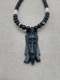 Men's Jewelry African Face Pendant Beaded Necklace Black Brown Handmade