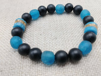 Blue Bracelet Black Beaded Glass Ethnic African Krobo Stone Unisex Jewelry Stretch Size 7