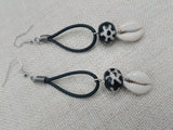 Women Earrings Black Leather Dangle Cowrie Beaded Jewelry Handmade
