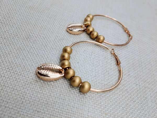 Gold Hoop Earrings Bright Beaded Cowrie Women Jewelry Dangle