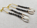 Women Clip On Earrings Black Gold Cowrie Long Dangle Beaded Jewelry Non Pierced