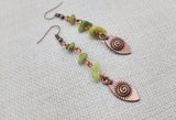 Women Earring Copper Green Stone Beaded Jewelry Handmade Long Dangle
