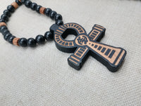 Wooden Ankh Necklace Beaded Black Brown Jewelry Gye Nyame African Egyptian