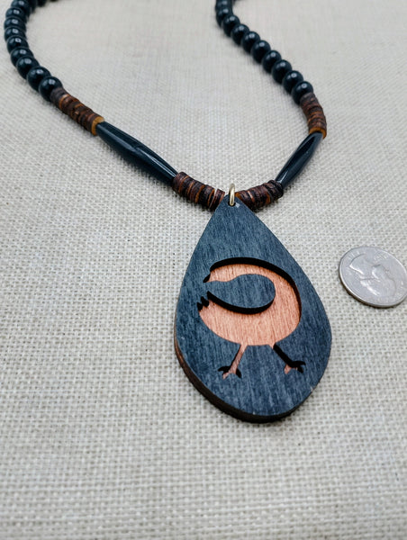 African Sankofa Bird Adinkra Wooden Black Pendant Necklace Jewelry Beaded Handmade