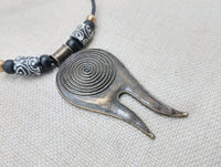 Tribal Necklace Swirl Antique Bronze Black Leather Women's Jewelry Cord Ethnic Large Pendant