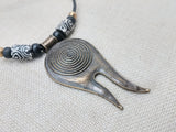 Tribal Necklace Swirl Antique Bronze Black Leather Women's Jewelry Cord Ethnic Large Pendant