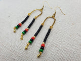 Afrocentric Earrings Pan African Jewelry Gold Tone Beaded Dangle  Red Black Green Women