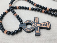 Wooden Ankh Necklace Beaded Black Brown Jewelry Gye Nyame African Egyptian