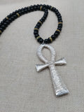 Silver Ankh Pendant Necklace Beaded Black Yellow Green Jamaica Inspired Egyptian Statement