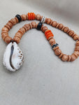 Large Cowrie Shell Necklace Men Jewelry Beaded Orange Wood Brown Gift Handmade