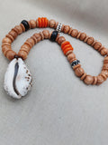 Large Cowrie Shell Necklace Men Jewelry Beaded Orange Wood Brown Gift Handmade