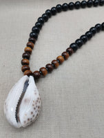 African Cowrie Shell Pendant Black Brown Beaded Jewelry Men Ethnic Gift Ideas