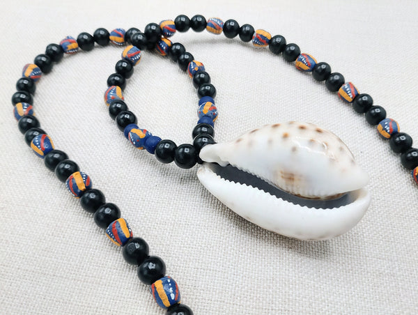 Large Cowrie Necklace Men Beaded African Ethnic Jewelry Statement Black Blue