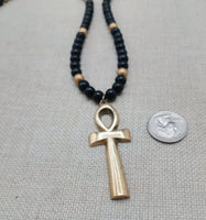 Gold Tone Ankh Pendant Black Beaded Necklace Unisex Jewelry Egyptian Ethnic