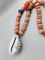 Large Cowrie Shell Necklace Men Jewelry Beaded Orange Wood Brown Gift Handmade