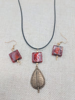 Antique Copper Teardrop Murano Glass Women Necklace Jewelry Set Earrings Amber Red