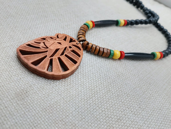 Wooden Lion Necklace Beaded Men Rasta Ghana Unisex Red Black Green Yellow Handmade Jewelry