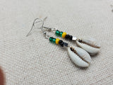 Small Women Jamaica Earrings Green Yellow Black Beaded Dangle Cowrie Jewelry