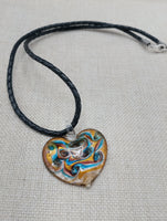 Heart Necklace Love Women Jewelry Murano Blue Gold Black Leather Cord Gift Ideas